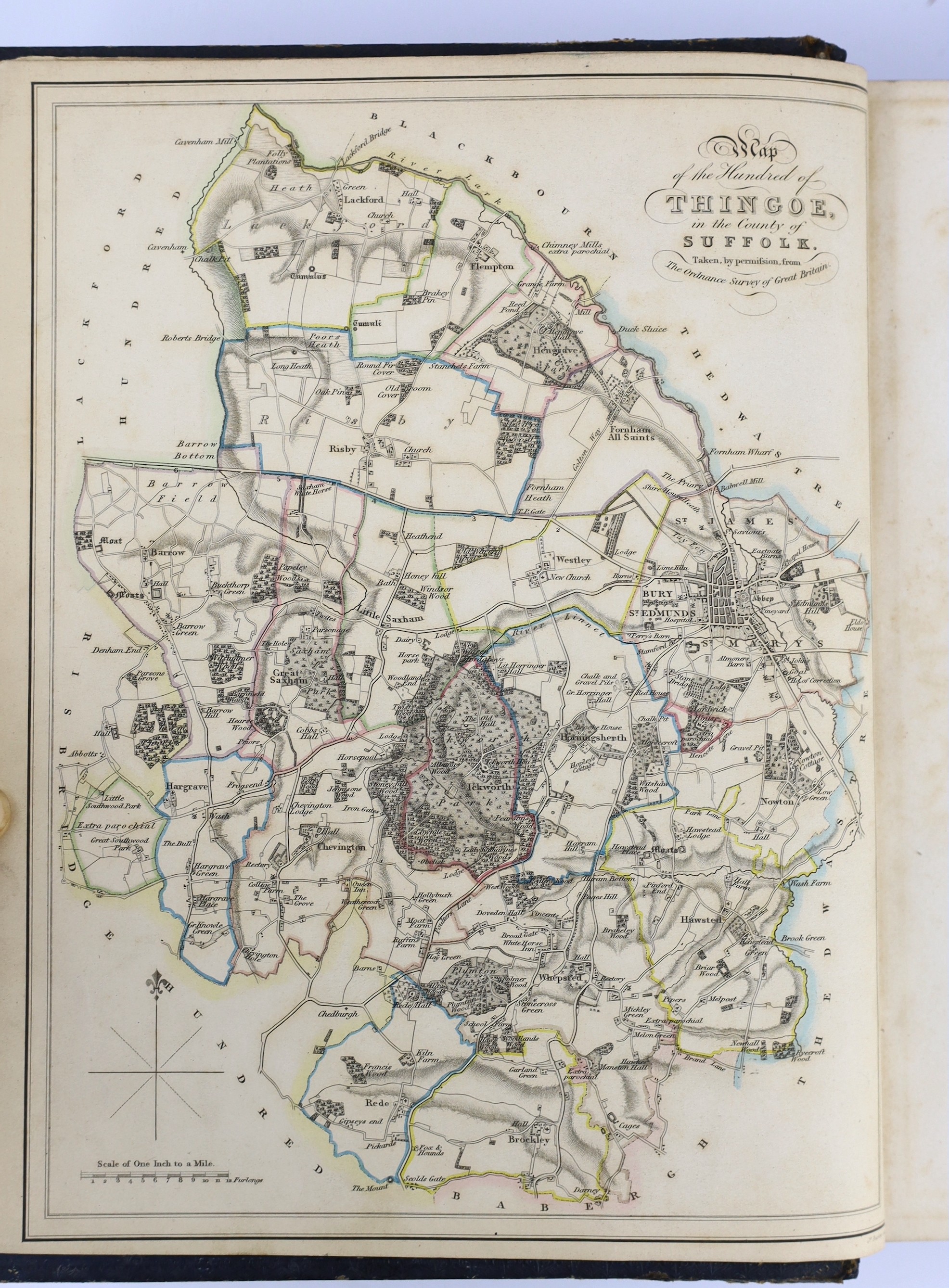 SUFFOLK: Gage, John - The History and Antiquities of Suffolk. Thingoe Hundred. 7 maps and plans (2 with outline colour, 1 pictorial), 27 plates (4 tinted), 2 mezzotint portraits, some full-page pedigrees and text engravi